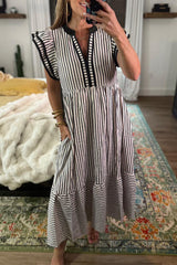Black Stripe Double Ruffled Short Sleeve Contrast Trim V Neck Midi Dress