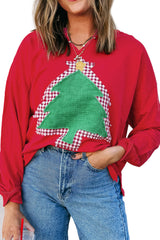 Fiery Red Plaid Frayed Christmas Tree Patched Drop Shoulder Sweatshirt