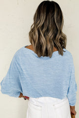 Beau Blue Solid Color Boat Neck Batwing Long Sleeve Top