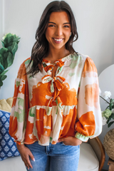 Carrot Abstract Print Bubble Sleeve Bow Front Top