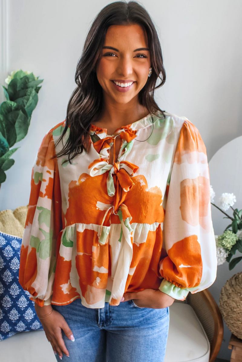 Carrot Abstract Print Bubble Sleeve Bow Front Top