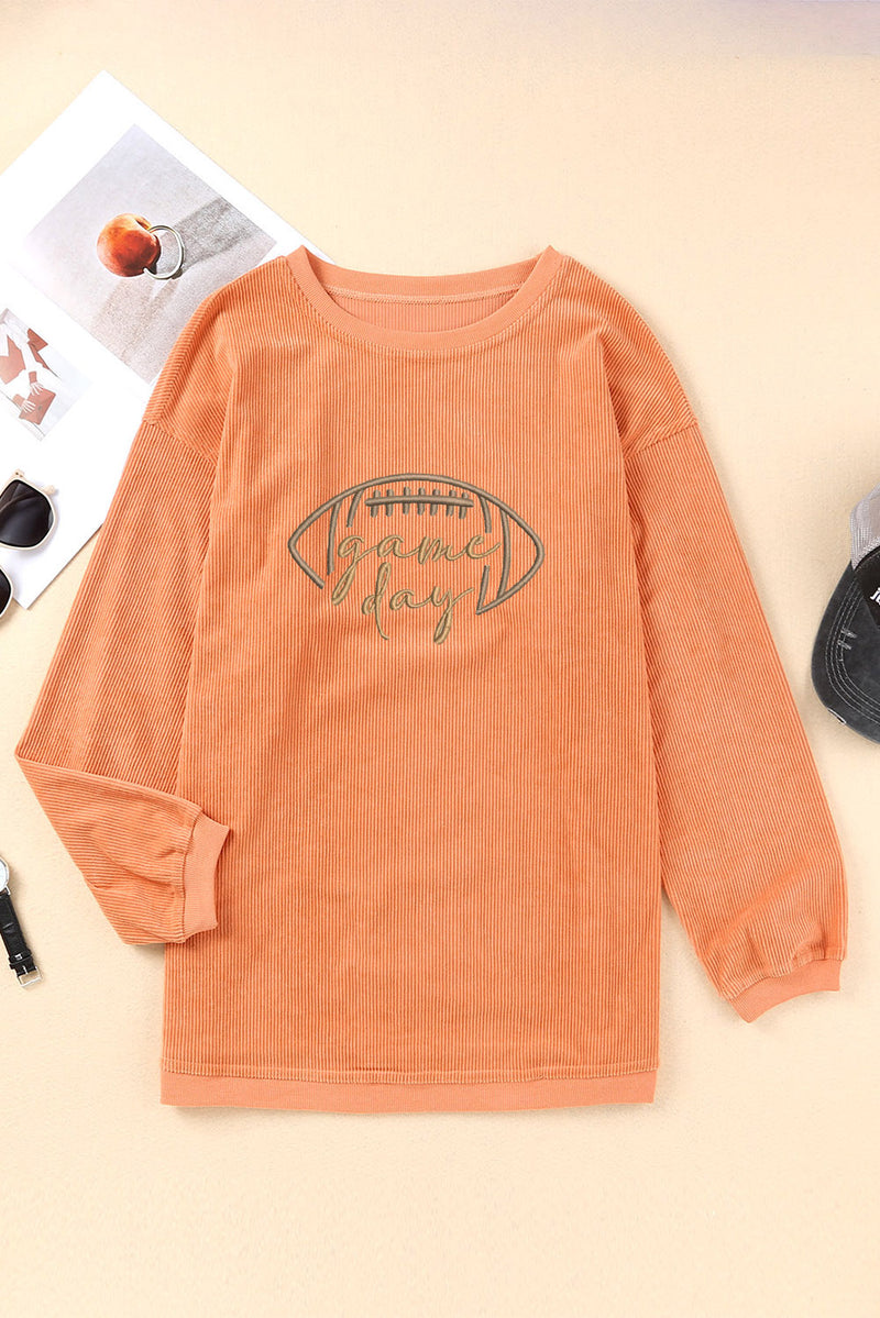 White Football Graphic Drop Shoulder Game Day Corded Sweatshirt