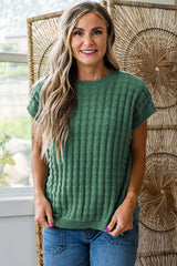 Mist Green Solid Color Round Neck Textured Short Sleeve Sweater