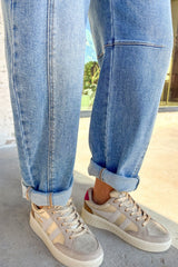 Sky Blue Medium Wash Cuffed Barrel Jeans