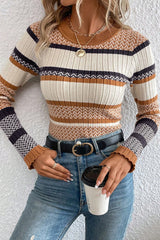 Brown Stripe Chevron Pattern Knitted Ribbed Trim Slim Fit Sweater