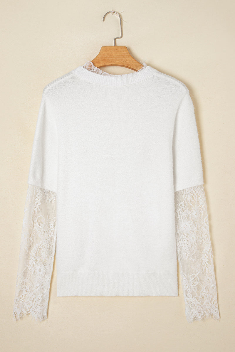 Beige Lace Sleeve Patchwork Faux Two-piece Fuzzy Sweater