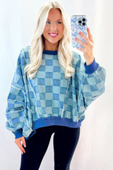 Sky Blue Checkerboard Splicing Raw Detail Oversized Denim Pullover