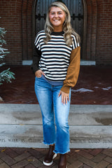 Khaki Striped Colorblock Patchwork Long Sleeve Sweater