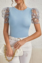 Beau Blue Flower Mesh Sleeve Slim Fit Blouse