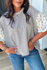 Black Stripe Floral Puff Sleeve Patchwork Round Neck Loose Top