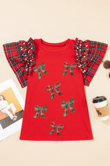 Racing Red  Bow Pattern Sequins Patch Pearled Plaid Ruffle Short Sleeve Patchwork Xmas T Shirt