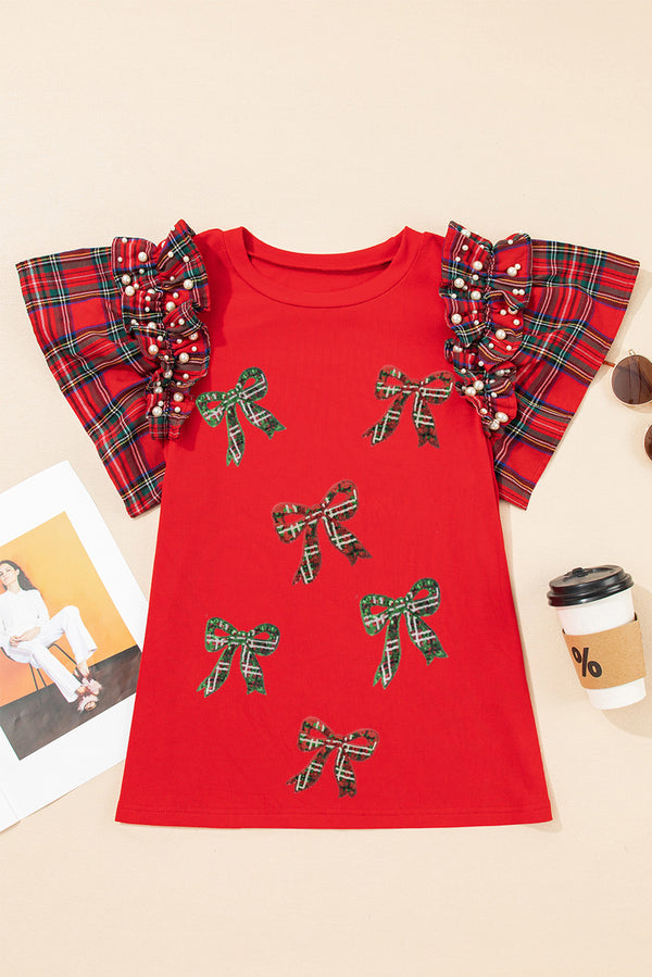 Racing Red  Bow Pattern Sequins Patch Pearled Plaid Ruffle Short Sleeve Patchwork Xmas T Shirt
