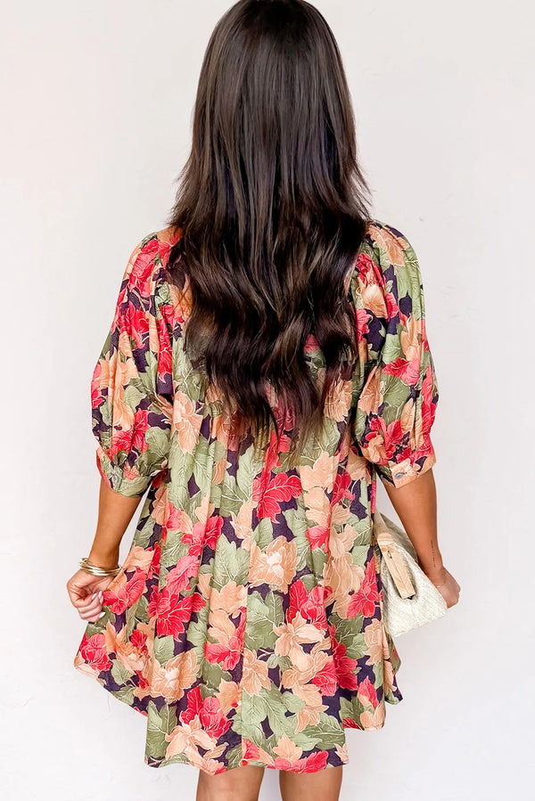 Green Floral Print Frilled V Neck Half Sleeve Mini Dress