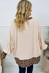 Beige Stars Pattern Leopard Patchwork Round Neck Sweatshirt