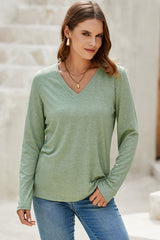 Grass Green Solid Color V Neck Long Sleeve Stretchy Top