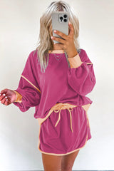 Rose Red Contrast Trim Loose Pullover and Lace-up Waist Skirt Set