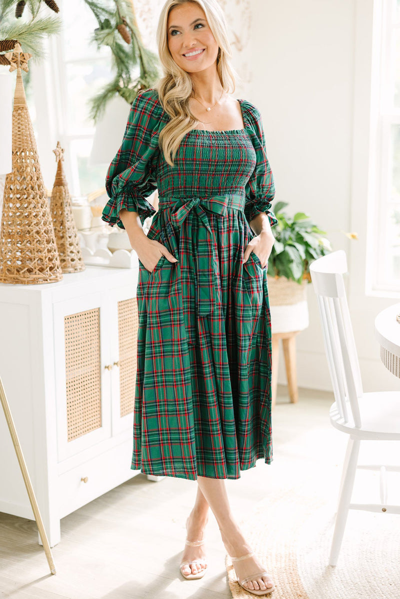 Green Plaid Square Neck Puff Sleeve Bowknot Waist Flared Midi Dress