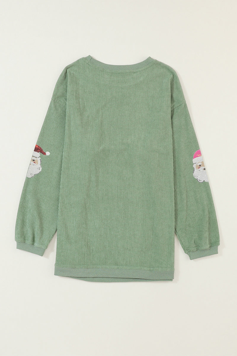 Grass Green Corded Ribbed Santa Claus Graphic Sequins Patch Sweatshirt