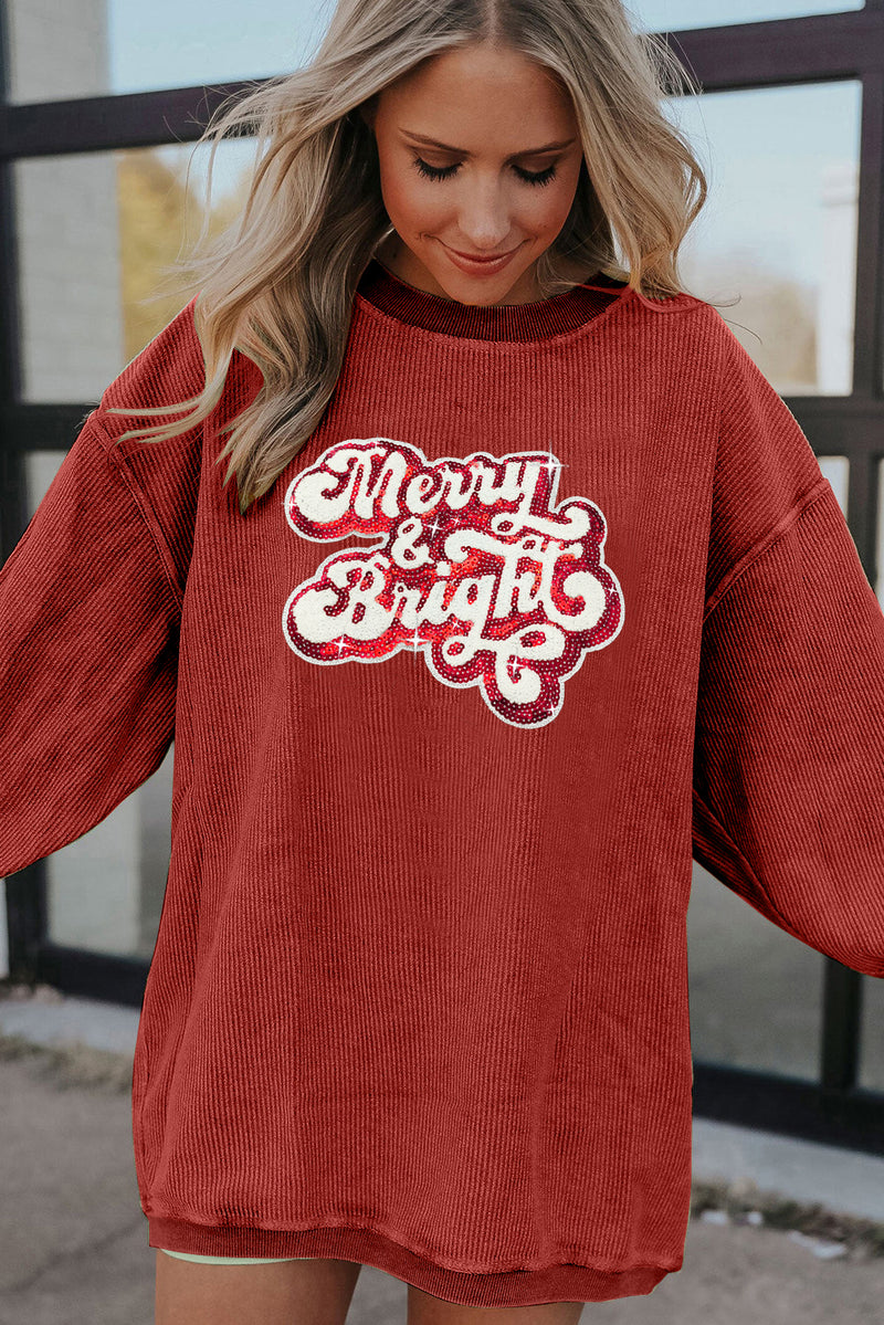 Racing Red Merry & Bright Sequins Patch Ribbed Graphic Sweatshirt