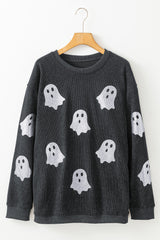 Blue Halloween Ghost Corded Crew Neck Loose Sweatshirt