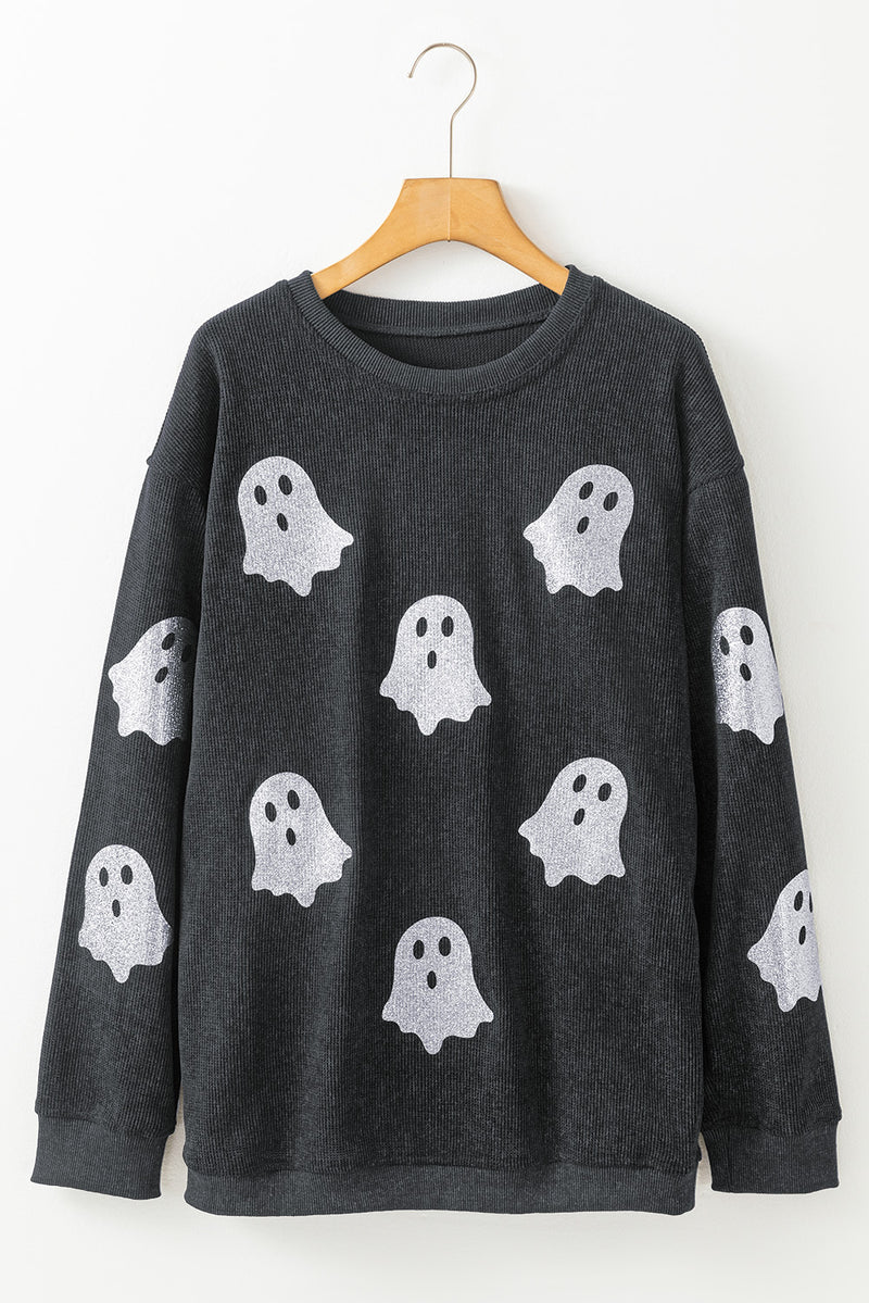 Blue Halloween Ghost Corded Crew Neck Loose Sweatshirt