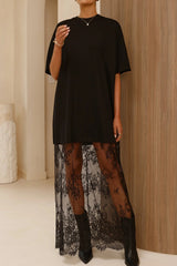 Red Sandalwood Floral Patchwork Short Sleeve T Shirt Loose Maxi Dress
