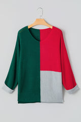 Chestnut Color Block Knit V Neck Loose Sweater