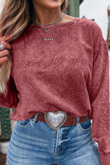 Sea Green  saved by grace Letter Embroidery Mineral Wash Loose Sweatshirt