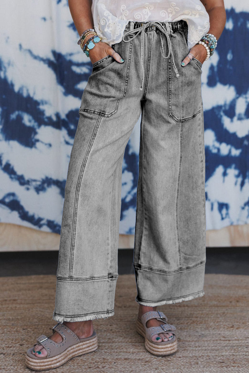 Prussian Blue Drawstring Seam Detail Raw Hem Wide Leg Jeans