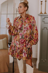 Brown Floral Print Shirt Style Long Sleeve Ruffle Mini Dress