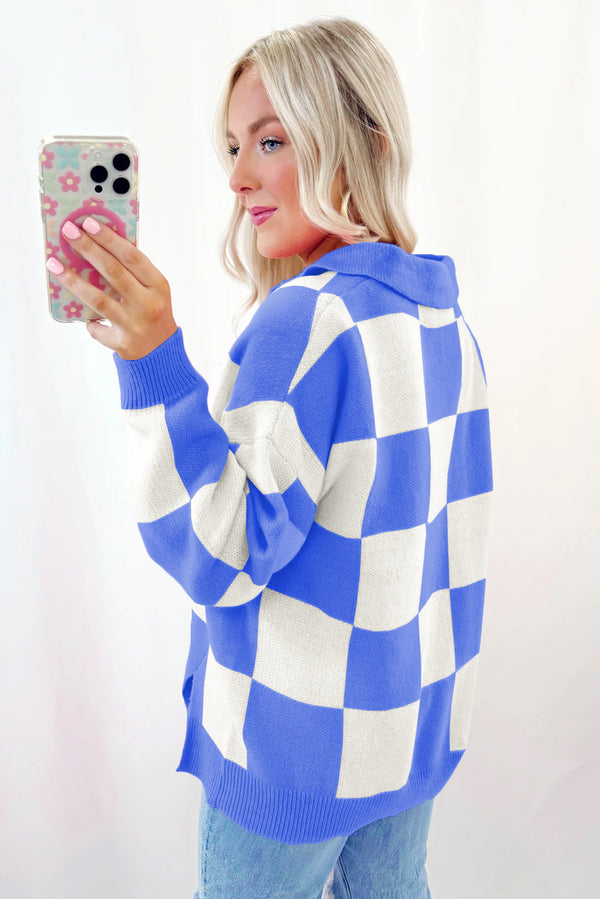 Sky Blue Checkered Button Collared Sweater