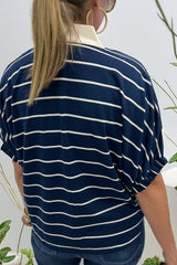 Blue Stripe Stand Collar V Neck Elastic Cuffs Half Sleeve Dolman Top