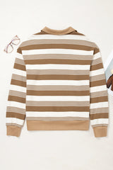 Khaki Striped Zipper Collar Pullover Sweatshirt
