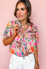 Rose Tropical Print Pleated Button Up Short Sleeve Shirt