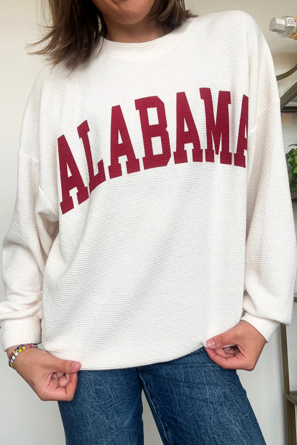 White Alabama Letter Pattern Waffle Knit Long Sleeve Top