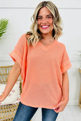 Grapefruit Orange Waffle V Neck Short Sleeve Knit Top