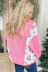 Bonbon Colorblock Polo Collar Floral Patchwork Puff Sleeve Top