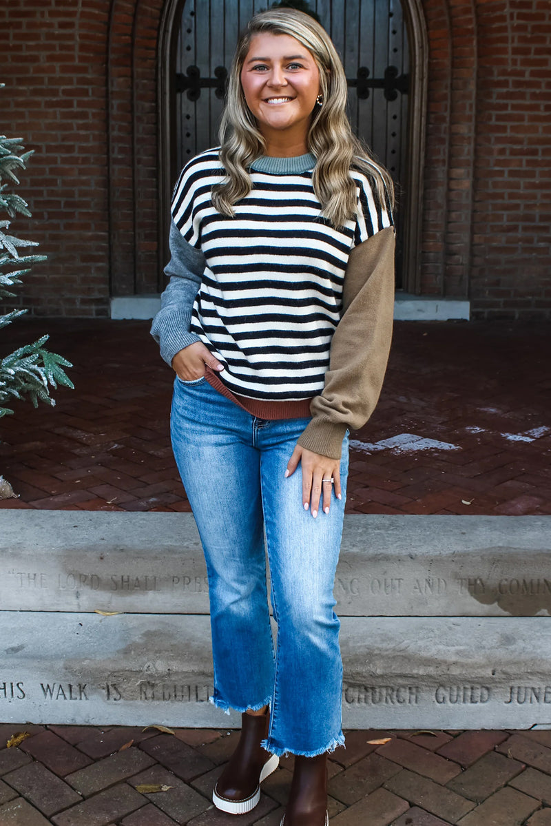 Black Striped Colorblock Patchwork Long Sleeve Sweater