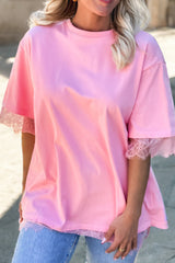 Pink Eyelash Floral Lace Patchwork Half Sleeve Oversize Tee