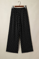 Black Polka Dot Print Elastic Waist Lace Hem Loose Pants