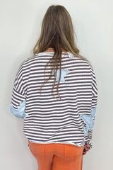 Gray Striped Star Patch Drop Shoulder Long Sleeve Top