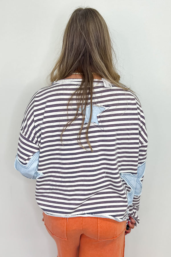 Gray Striped Star Patch Drop Shoulder Long Sleeve Top