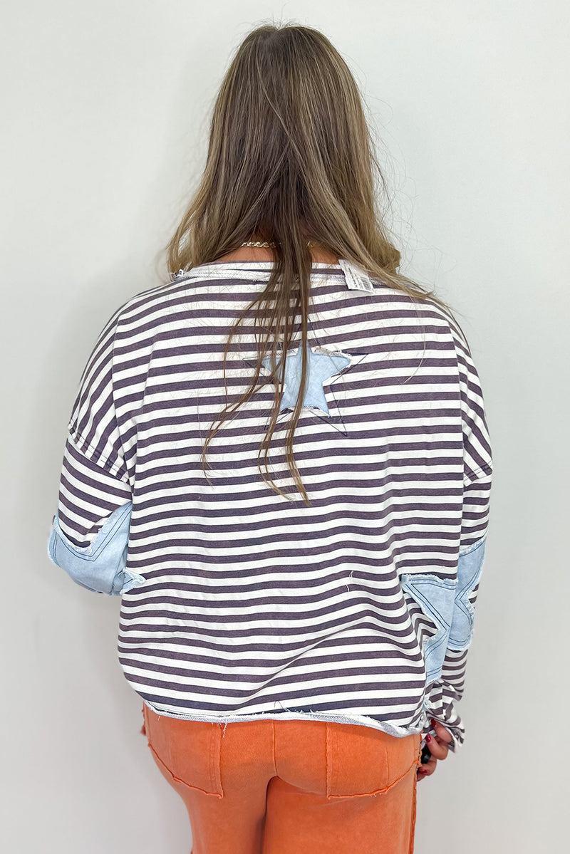 Gray Striped Star Patch Drop Shoulder Long Sleeve Top
