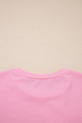 Pink Solid Color Raw Edge Bow Patch Loose T Shirt