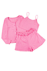 Orchid Petal Delicate Texture Cropped Cami Shorts and Cardigan 3pcs Lounge Set