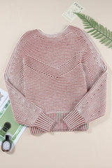 Light French Beige Striped Print Ribbed Knit Raglan Sleeve Baggy Sweater