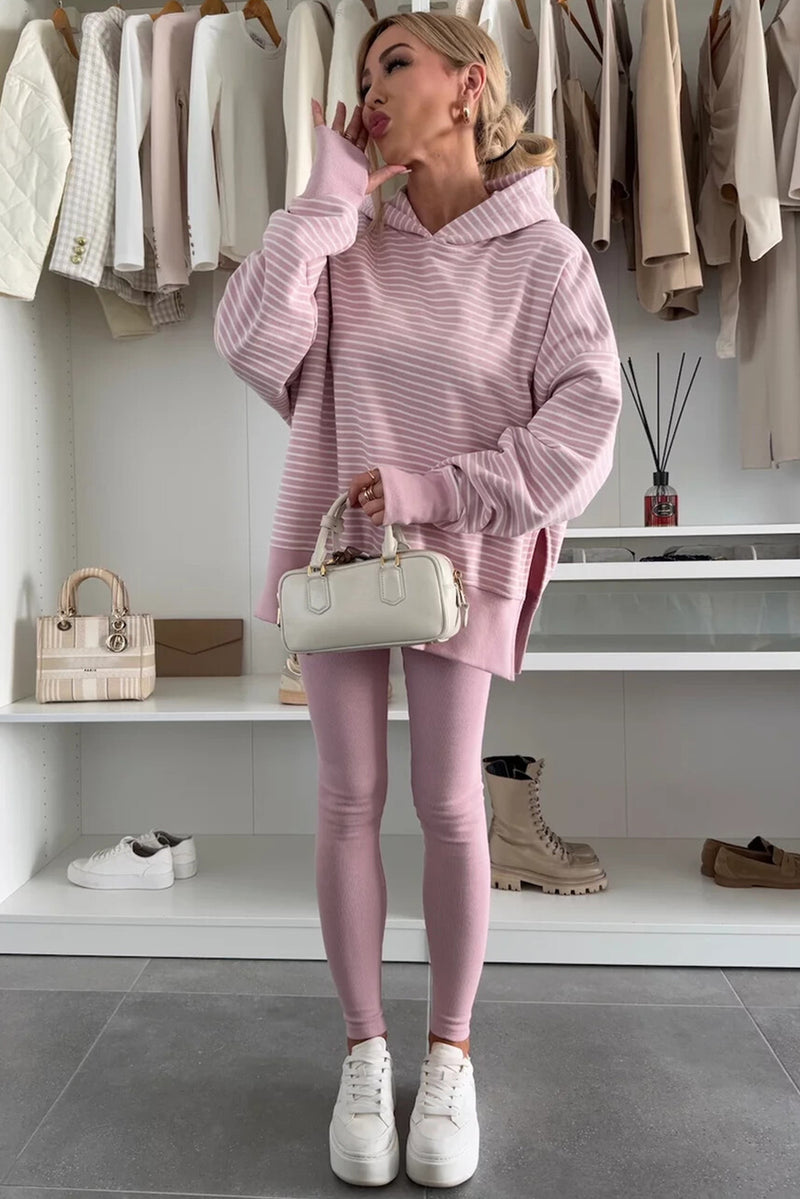 Purple Stripe Thumbhole Side Slits Drop Shoulder Loose Fit Hoodie