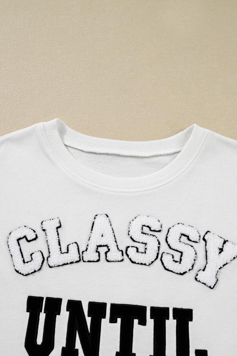 White CLASSY UNTIL KICKOFF Letter Graphic Loose Sweatshirt
