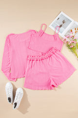 Orchid Petal Delicate Texture Cropped Cami Shorts and Cardigan 3pcs Lounge Set