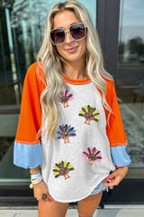 Light Grey Thanksgiving Turkey Graphic Sequins Patch Color Block Raglan Sleeve Top